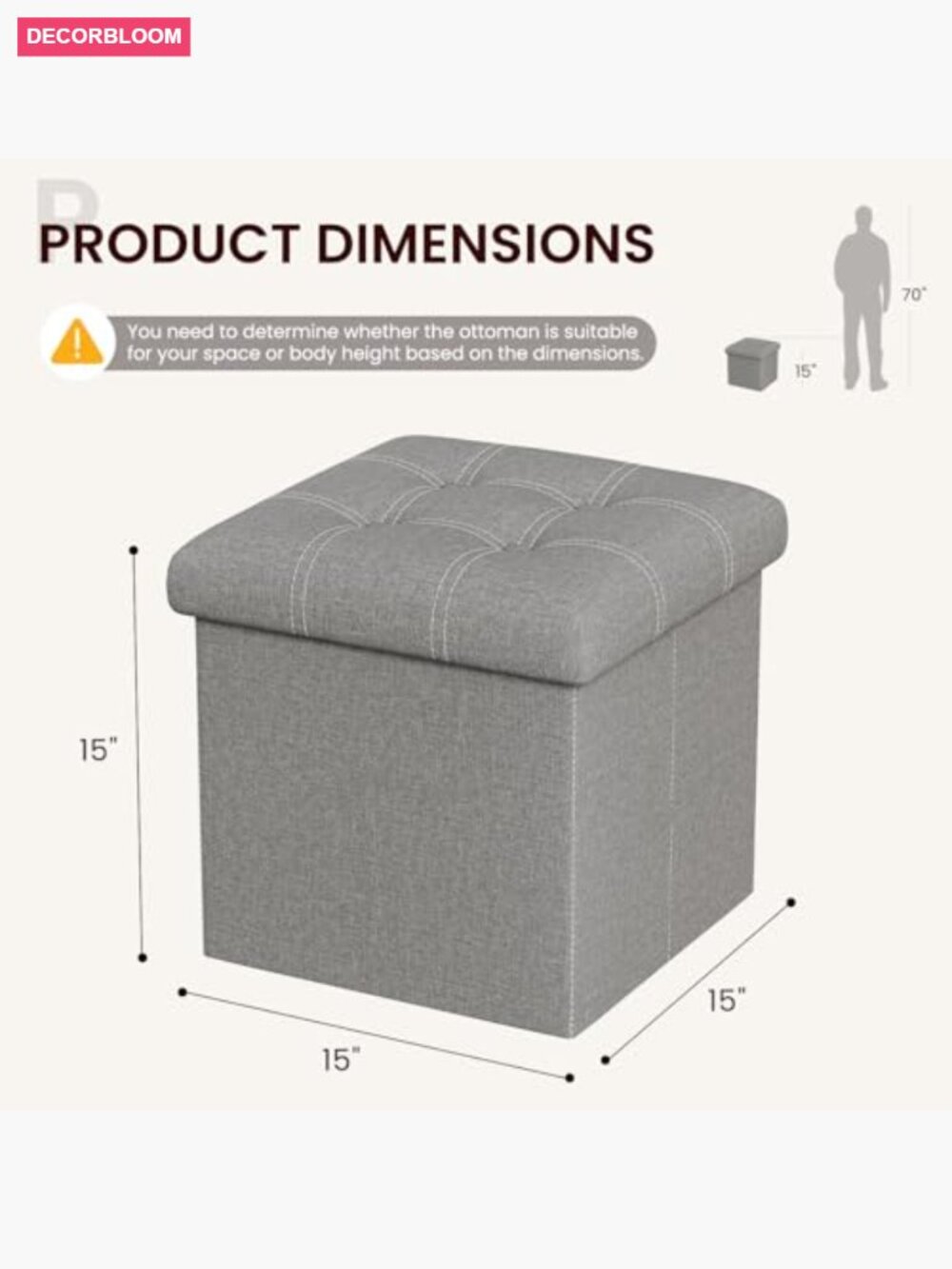15" Storage Ottoman Cube, Foldable Storage Box with Padded Seat, 300lb Capacity - Picture 3 of 7